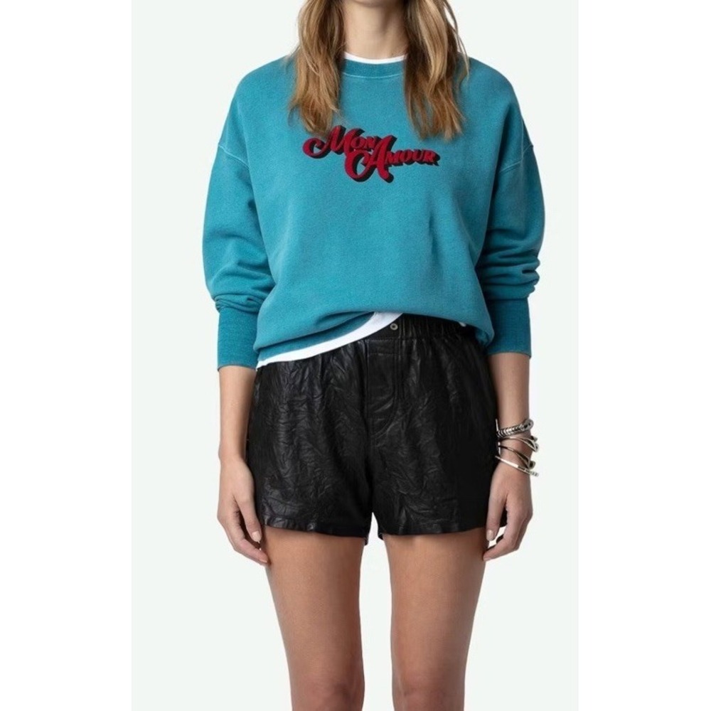 Zadig Voltaire Oscar Mon Amour Oversized Cotton Crewneck Sweatshirt Aqua Blue XS - Picture 2 of 11